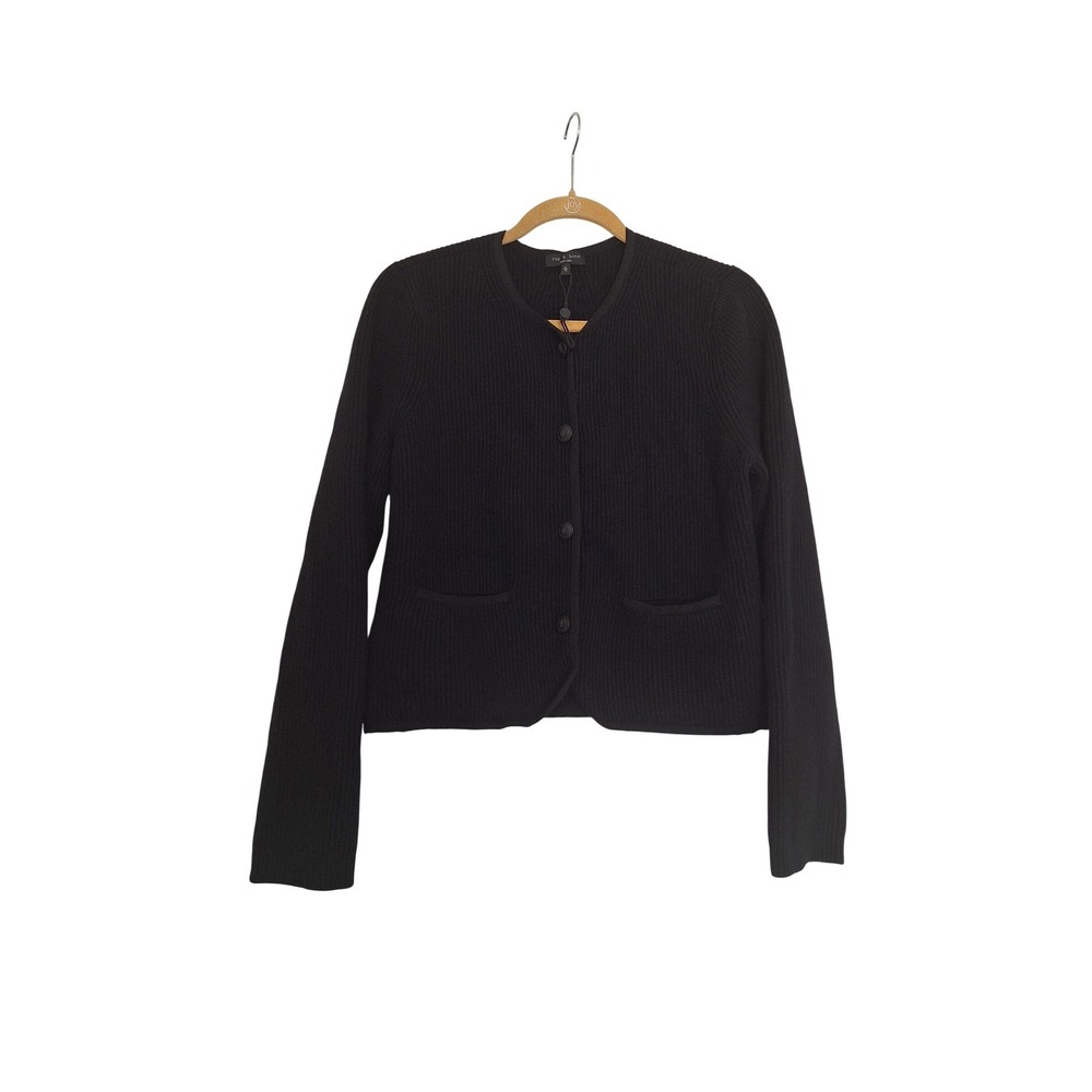 Rag & Bone Black Ribbed Merino Wool Blend Button Cardigan Sweater Womens XL